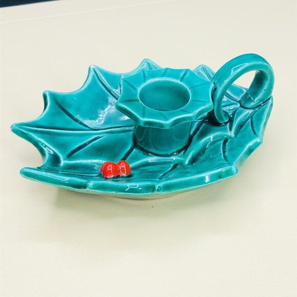 Hallmark Green Holly Berry Candleholder Dish Kitsch Vintage Christmas Decor - Picture 1 of 10